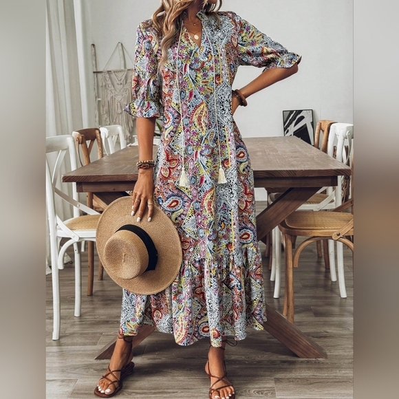 Women's Bohemian Style Printed Mid-Sleeve Dress - Picture 1 of 6